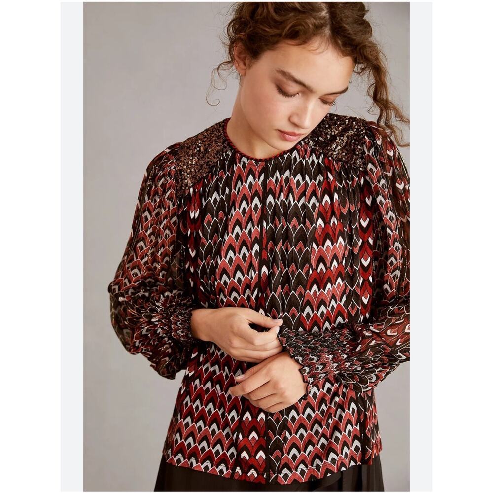 Blank London Anthropologie Red Black Diamond Print Velvet Sequin Blouson Blouse